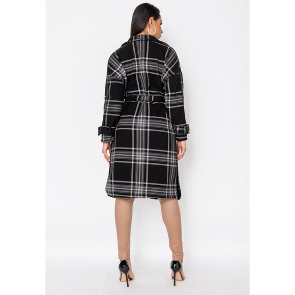 Black Plaid Check Wool Blend Long Sleeve Belted Lapel Collared Trench Coat - Picture 7 of 11